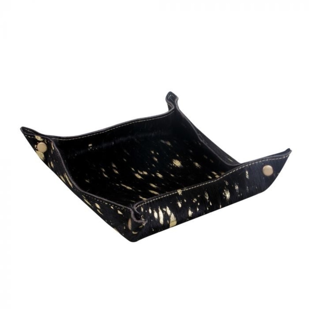 NEW Genuine Cowhide Leather Tray Black & Gold Medium